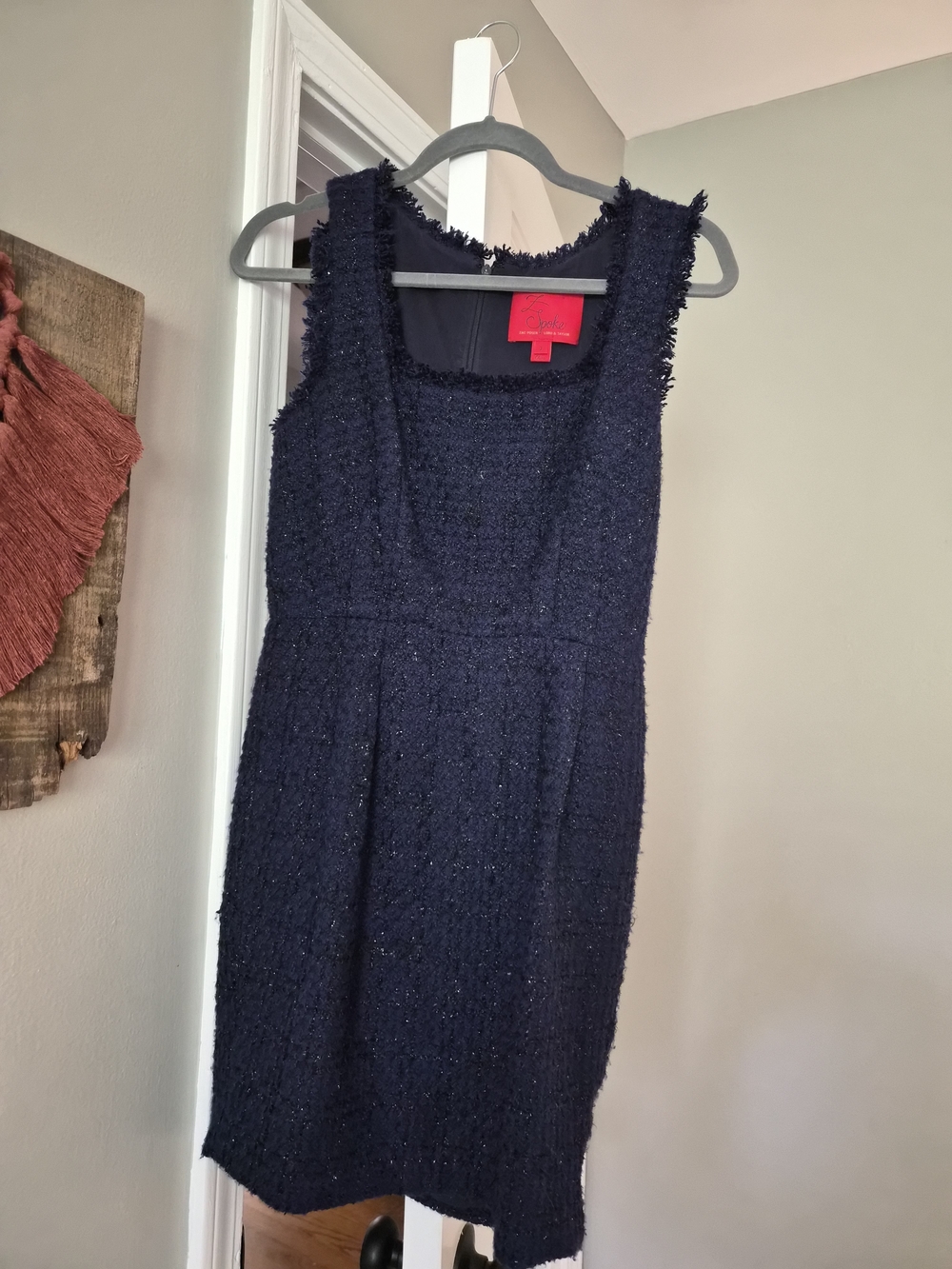 Zac Posen Navy Tweed Fringe-Trim Midi Sheath Dress
